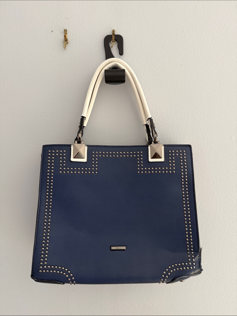 Studded Navy Tote Bag with White Handles
